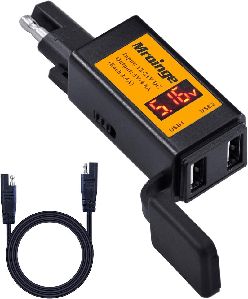 Mroinge Motorcycle USB Charger, 4.8A SAE to USB Adapter with Voltmeter & Ammeter, Quick Disconnect Plug with Dual USB Charger Perfect for Smart Device Charging, with ON/Off Switch & Waterproof Cover - Image 1